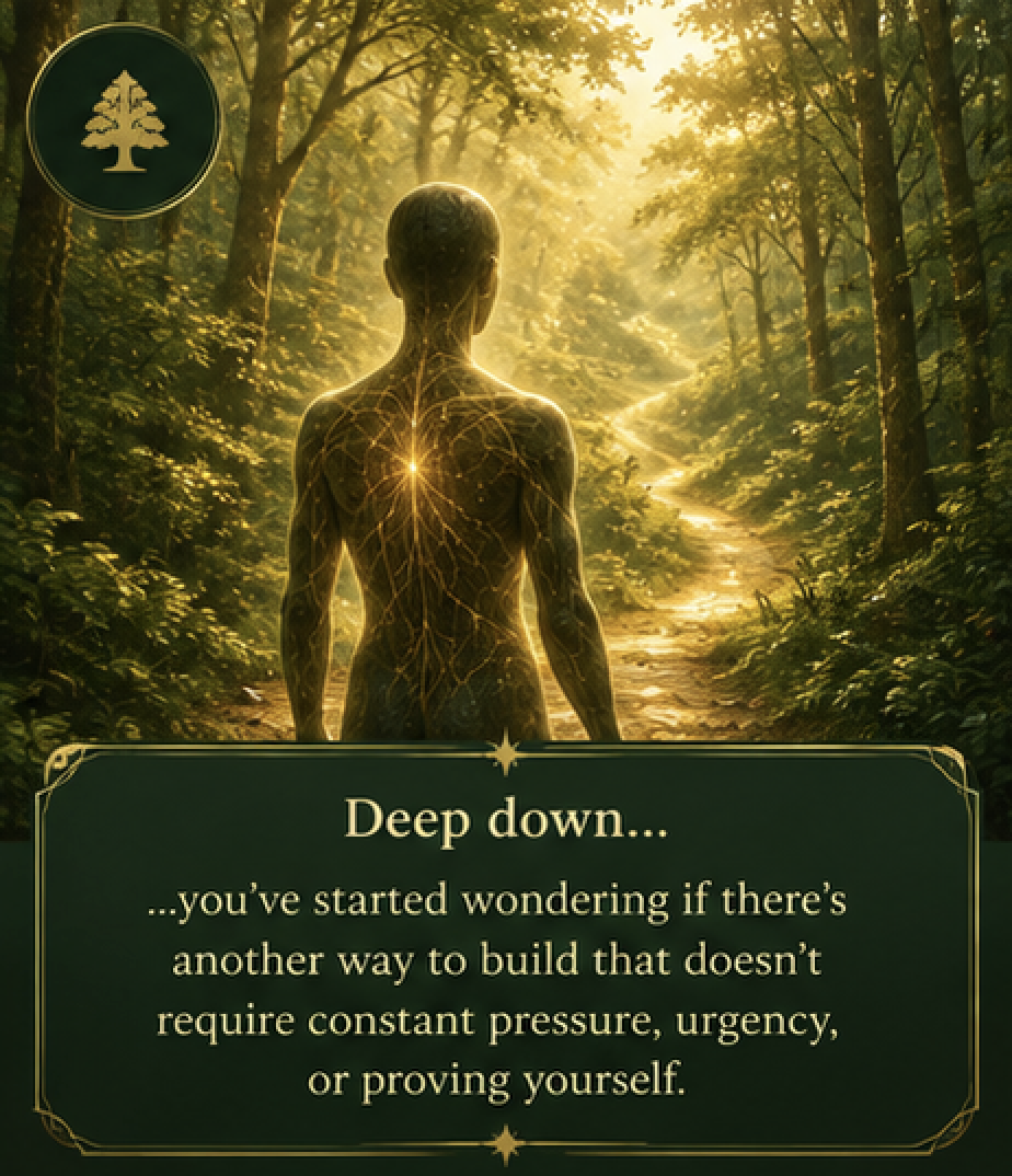 A creator walking a forest path, representing another way to build without constant pressure, urgency, or proving yourself.