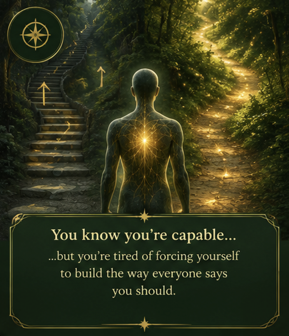 A creator standing between two paths, representing feeling capable but tired of forcing yourself to build the way others say you should.