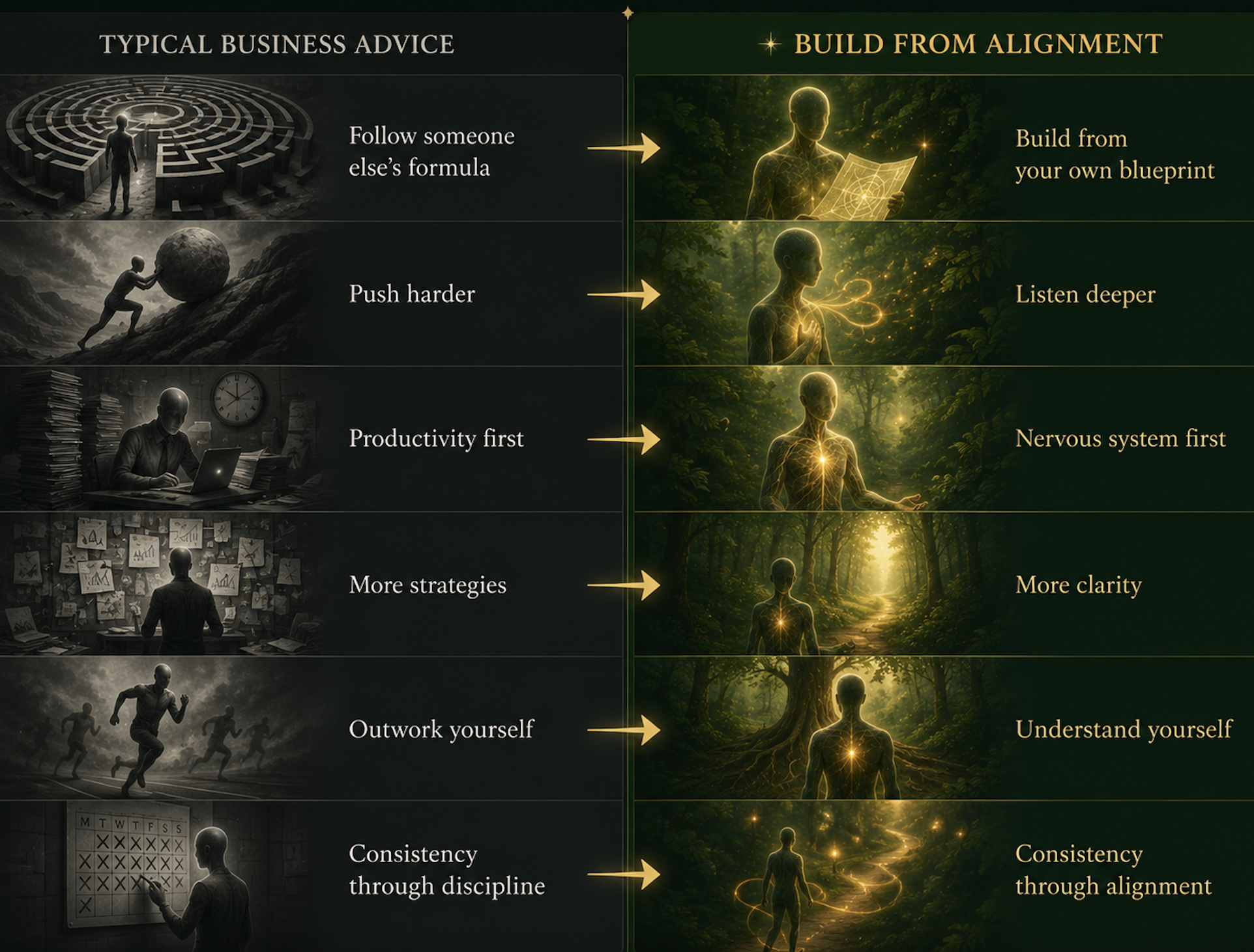 Comparison of typical business advice and Build from Alignment: following someone else's formula vs. your own blueprint, pushing harder vs. listening deeper, productivity first vs. nervous system first, more strategies vs. more clarity, outworking yourself vs. understanding yourself, and discipline vs. alignment.