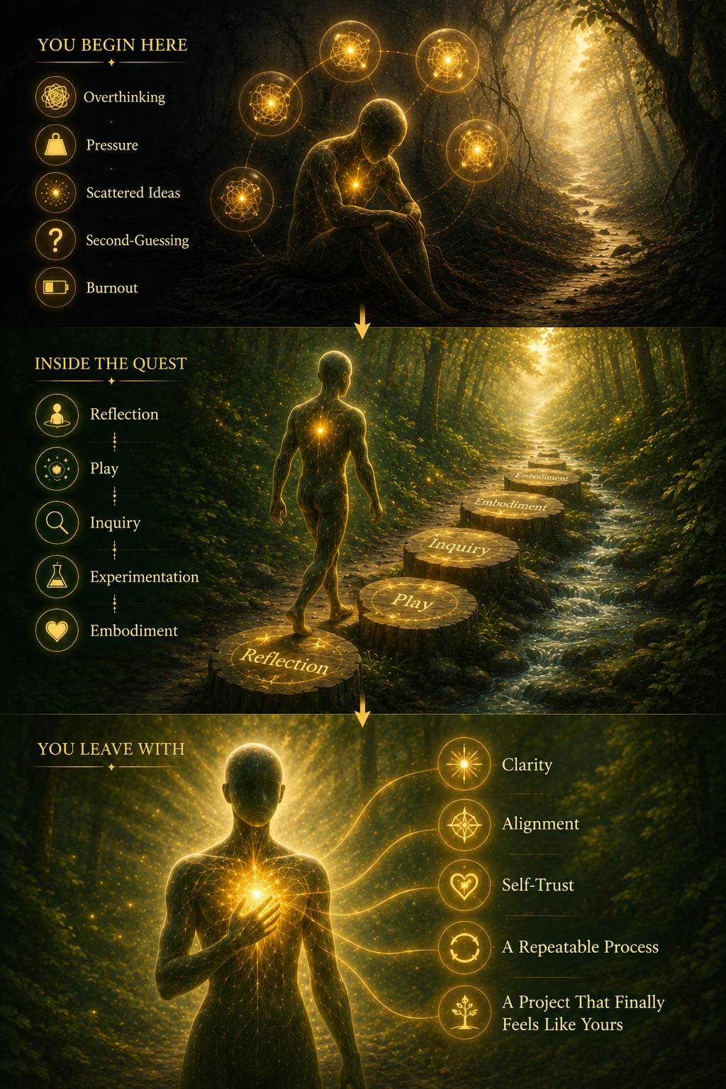 Build from Alignment transformation timeline showing a journey from overthinking, pressure, scattered ideas, second-guessing, and burnout through reflection, play, inquiry, experimentation, and embodiment toward clarity, alignment, self-trust, a repeatable process, and a project that feels like yours.