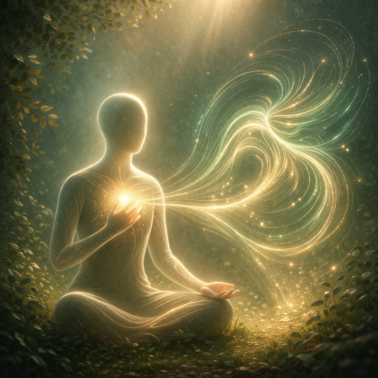 Meditating figure listening to intuitive guidance in the Co-Creating with the Field section of Build from Alignment