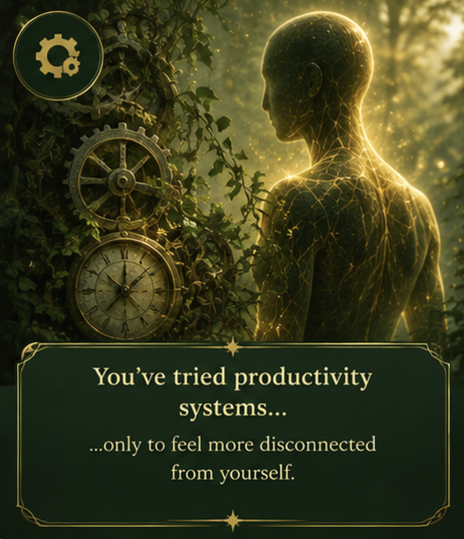 A creator beside gears and a clock, representing productivity systems that leave you feeling more disconnected from yourself.